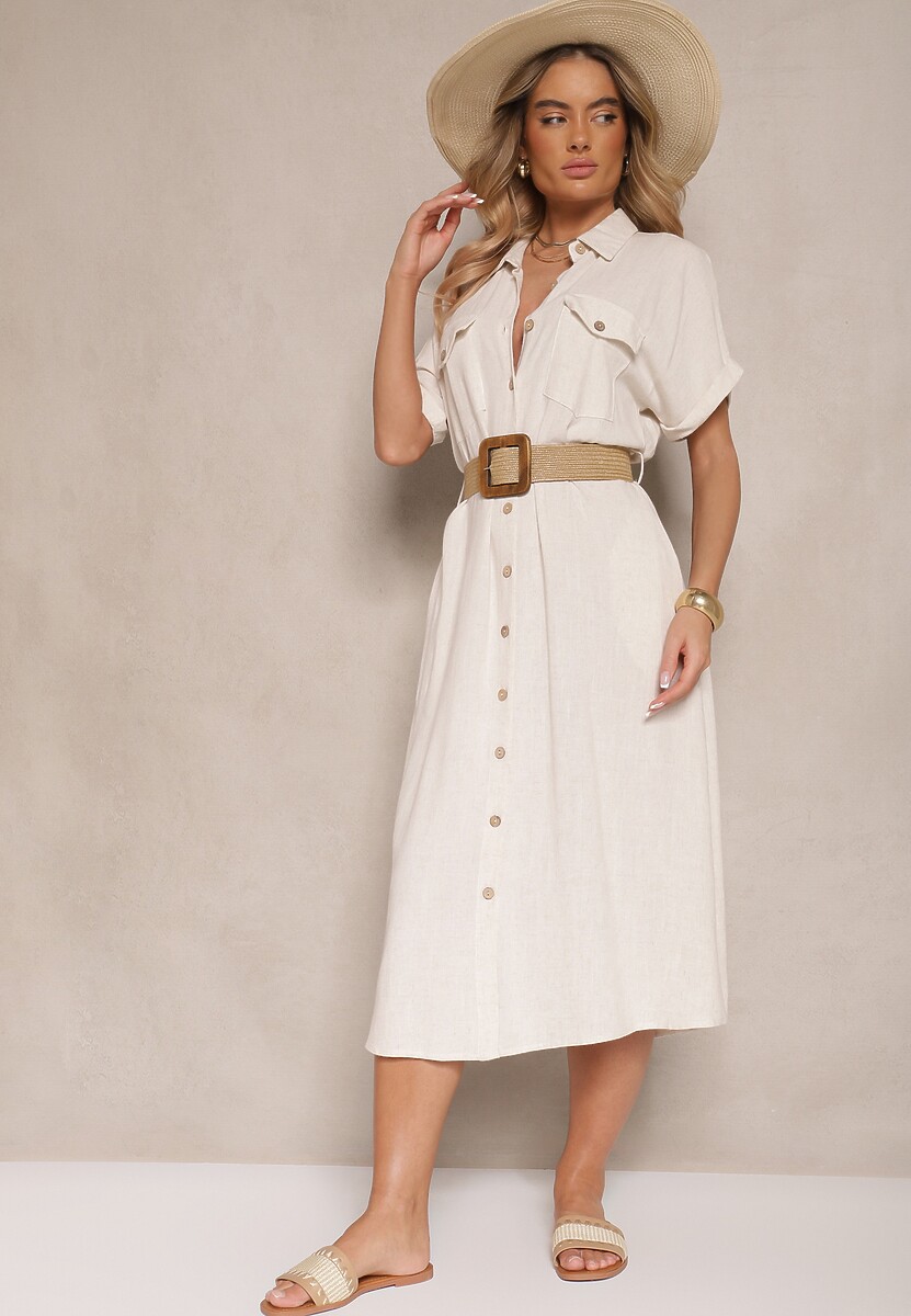 Beżowa Sukienka z Lnu i Wiskozy o Koszulowym Kroju z Paskiem z Klamrą Eladlena