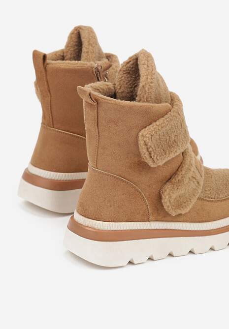 Brązowe Botki Typu Śniegowce na Platformie z Dwoma Ozdobnymi Rzepami Edarlia