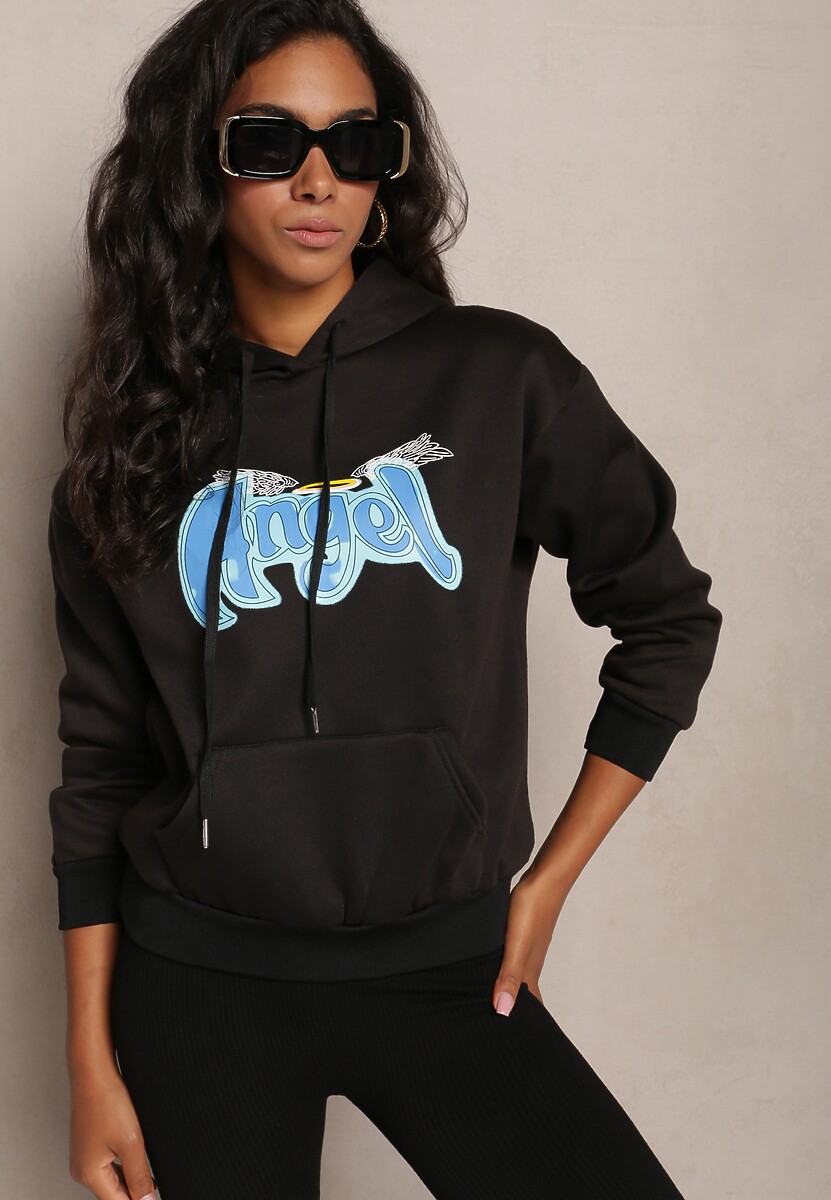 Czarna Ocieplona Bluza Kangurka z Nadrukiem Pralle