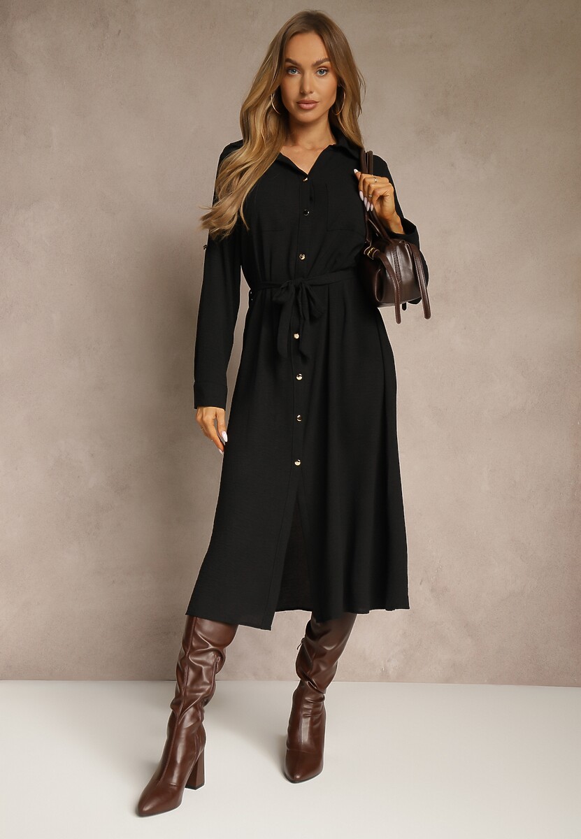 Czarna Sukienka Koszulowa Ozdobiona Paskiem Vivirielle