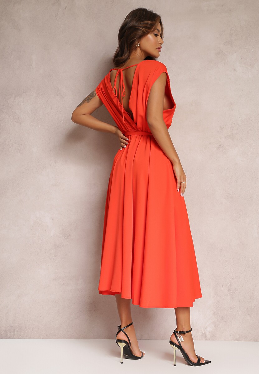 Pomarańczowa Rozkloszowana Sukienka Maxi z Kopertowym Dekoltem i Wiązanym Paskiem Hallona