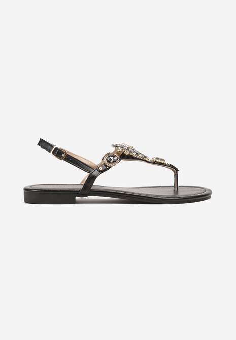 Czarne Sandały na Płaskiej Podeszwie w Stylu Japonek z Opalizującymi Cyrkoniami Mandrea
