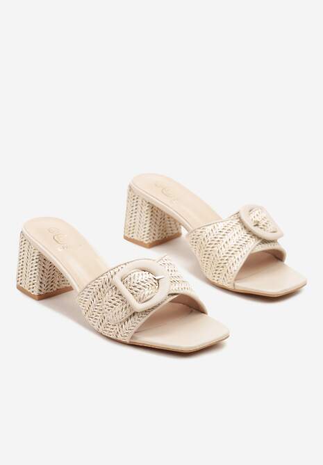 Beżowe Klapki z Plecionką i Klamerką na Słupkowym Obcasie Lisellea