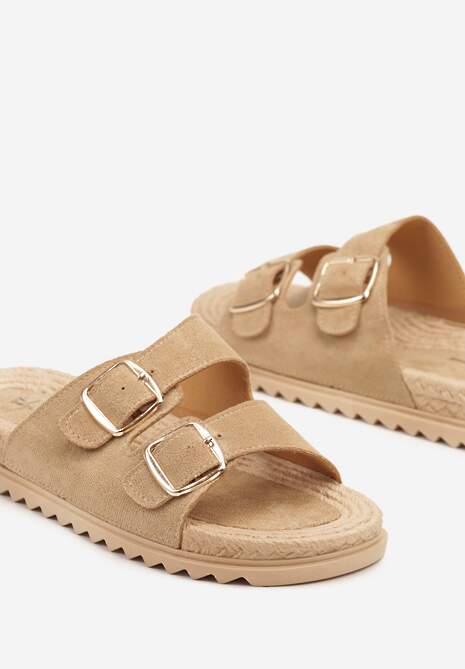 Ciemnobeżowe Wsuwane Klapki z Ozdobnymi Klamrami na Paskach Iabeaus