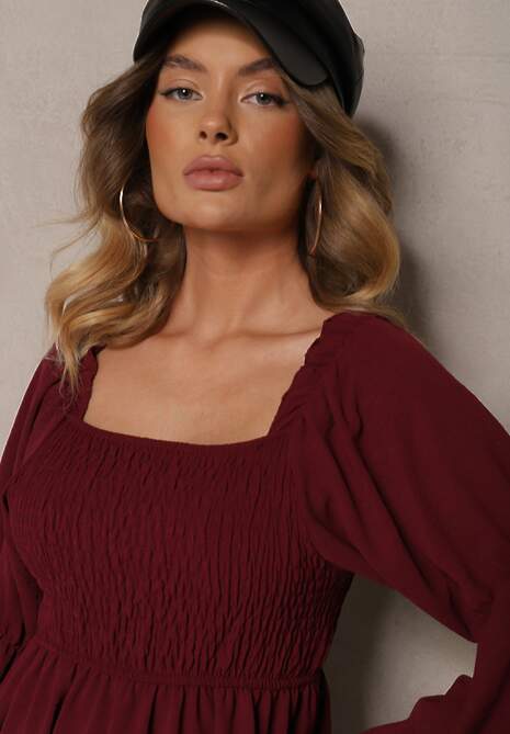 Bordowa Sukienka z Elastyczną Górą o Rozkloszowanym Kroju z Falbankami Savione