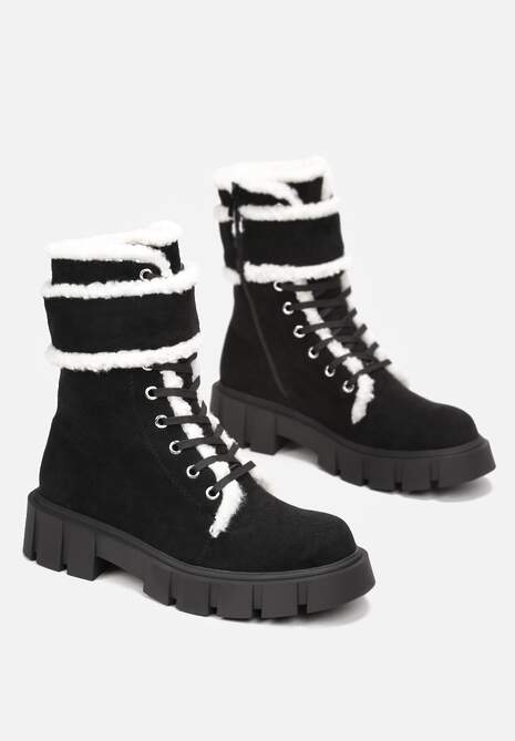 Czarne Botki Workery na Grubej Podeszwie z Futerkiem Valiro