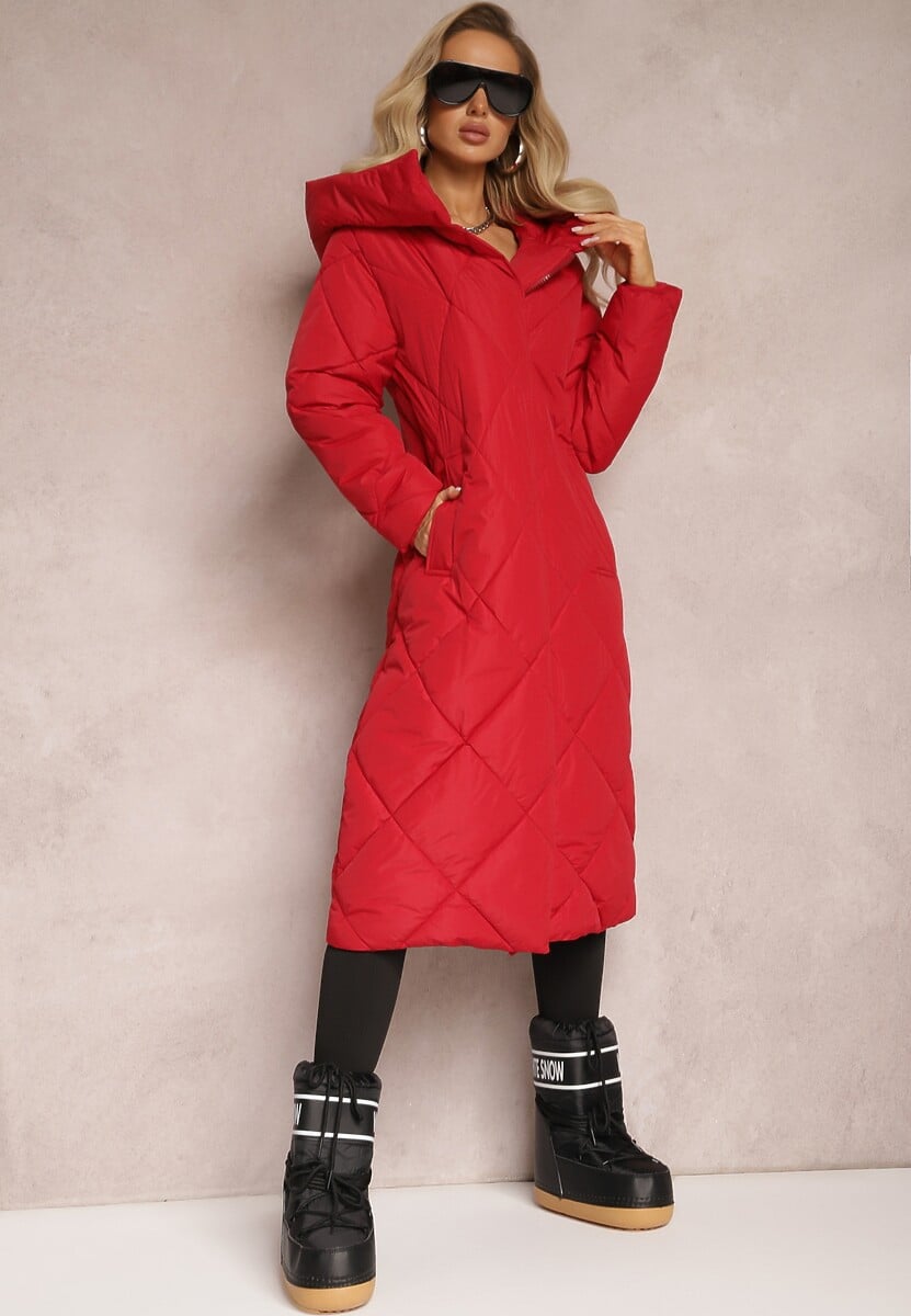 Czerwona Pikowana Kurtka Płaszcz za Kolano z Kapturem Kinassan