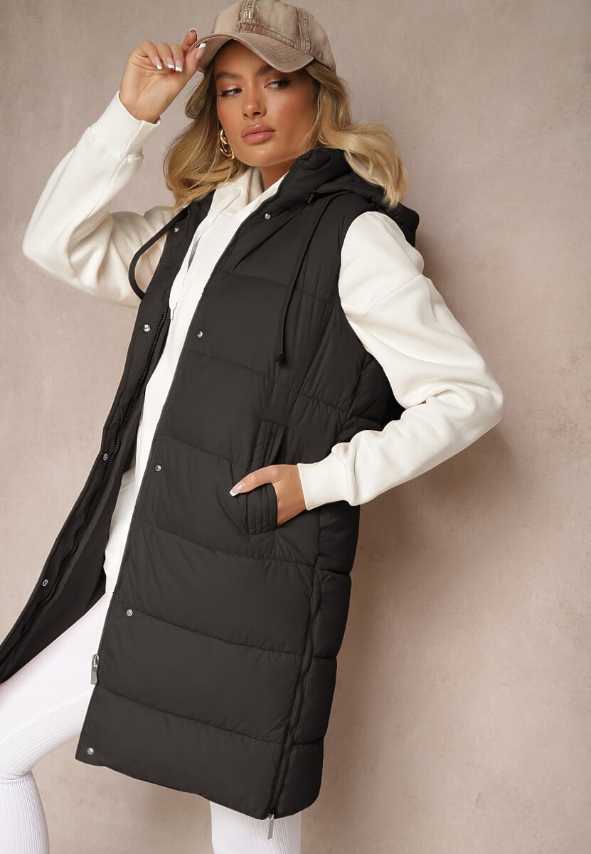 Jasnobeżowa Kamizelka Pikowana z Kapturem Ozdobiona Sznurkami Eleandra