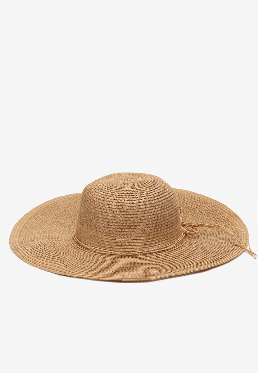 Beżowy Szeroki Kapelusz z Plecionki Ozdobiony Wiązaniem Anothy