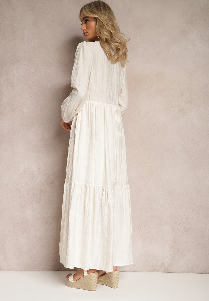 Jasnobeżowa Rozkloszowana Sukienka Pudełkowa Maxi z Ozdobnymi Guzikami Nervatti