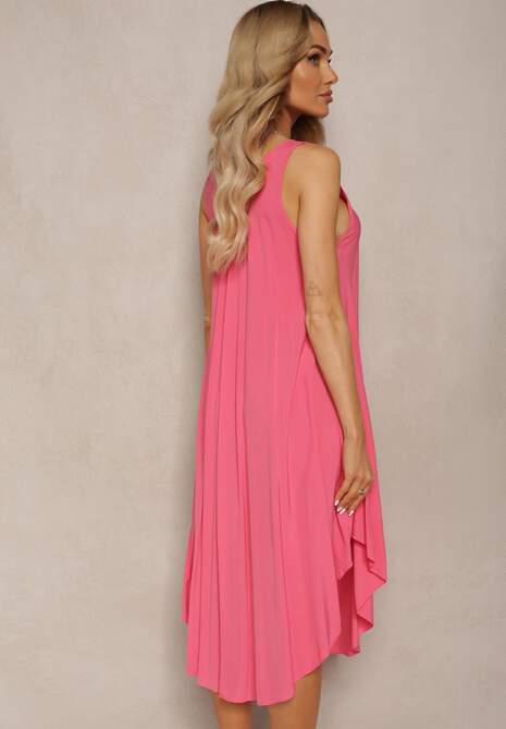 Różowa Bawełniana Sukienka z Okrągłym Dekoltem o Rozkloszowanym Kroju Tesavette