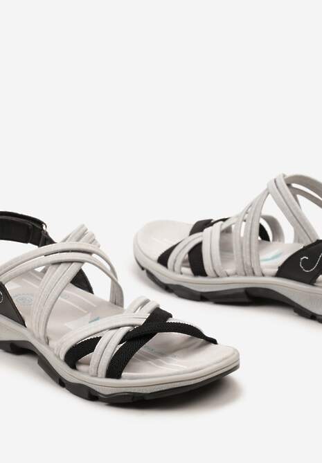 Czarno-Szare Casualowe Sandały na Płaskiej Podeszwie Zapinane na Rzep Wykończone Skórzaną Wkładką Dlines