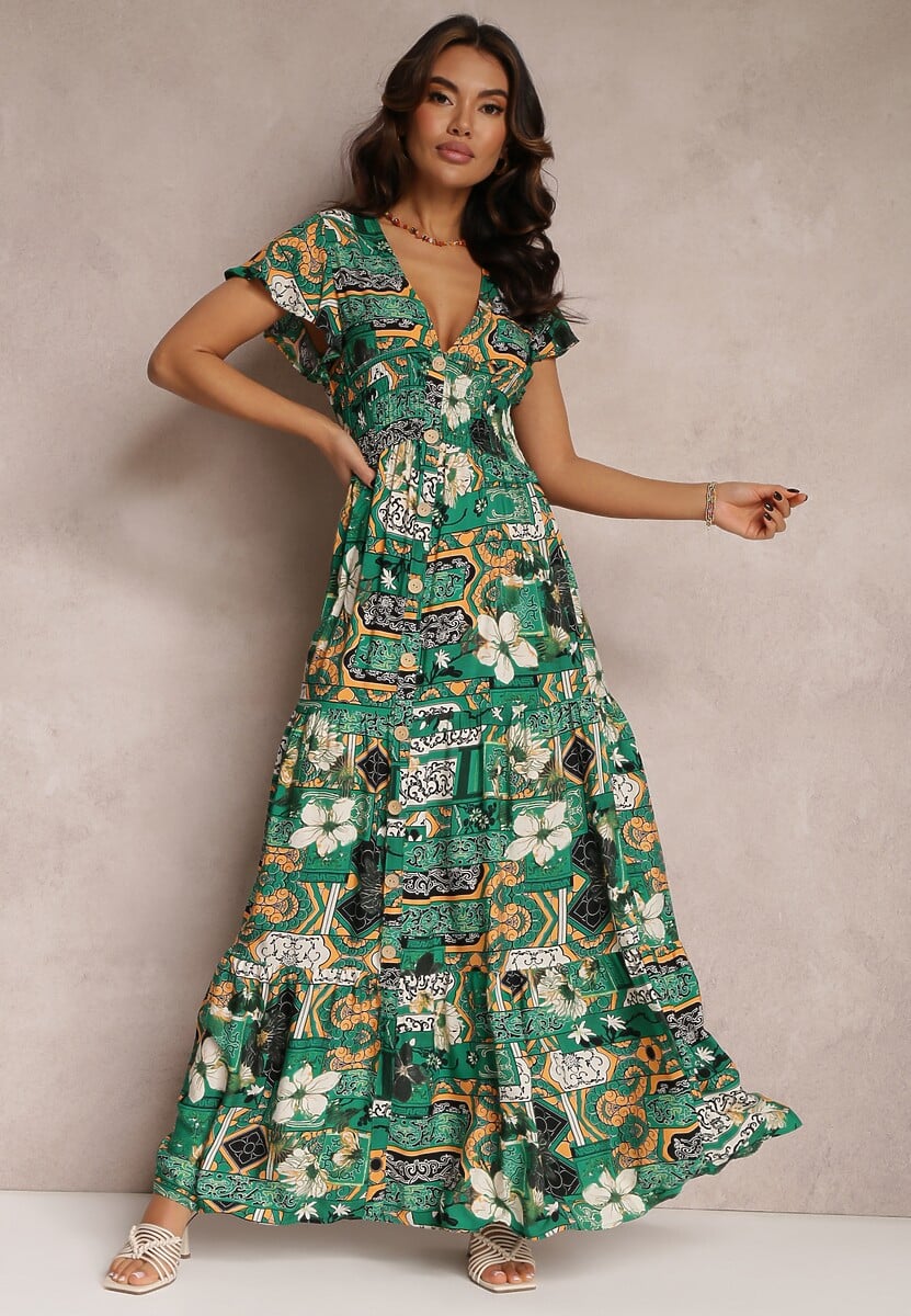 Zielona Sukienka z Wiskozy Maxi z Gumką w Pasie Weha