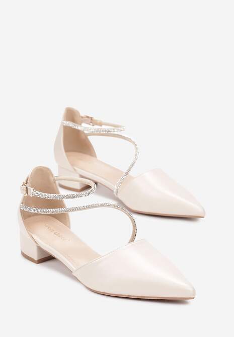 Beżowe Płaskie Czółenka z Cyrkoniami i Noskiem w Szpic Brilnu