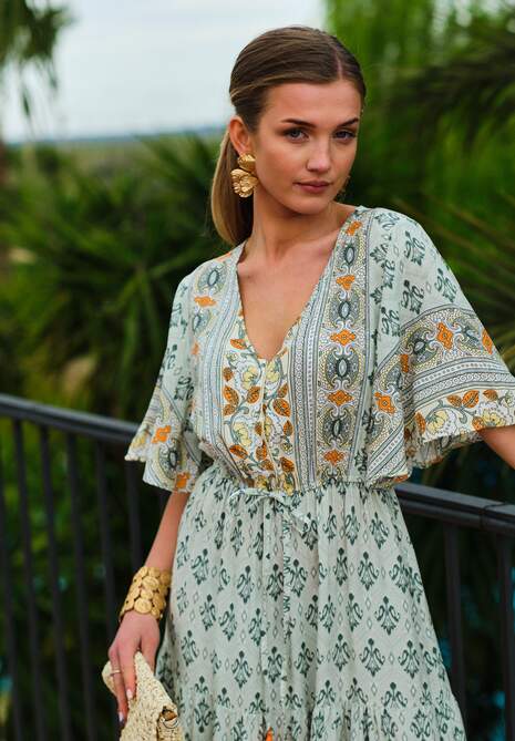 Miętowa Sukienka Maxi z Krótkim Rękawem i Gumką w Talii Emaya