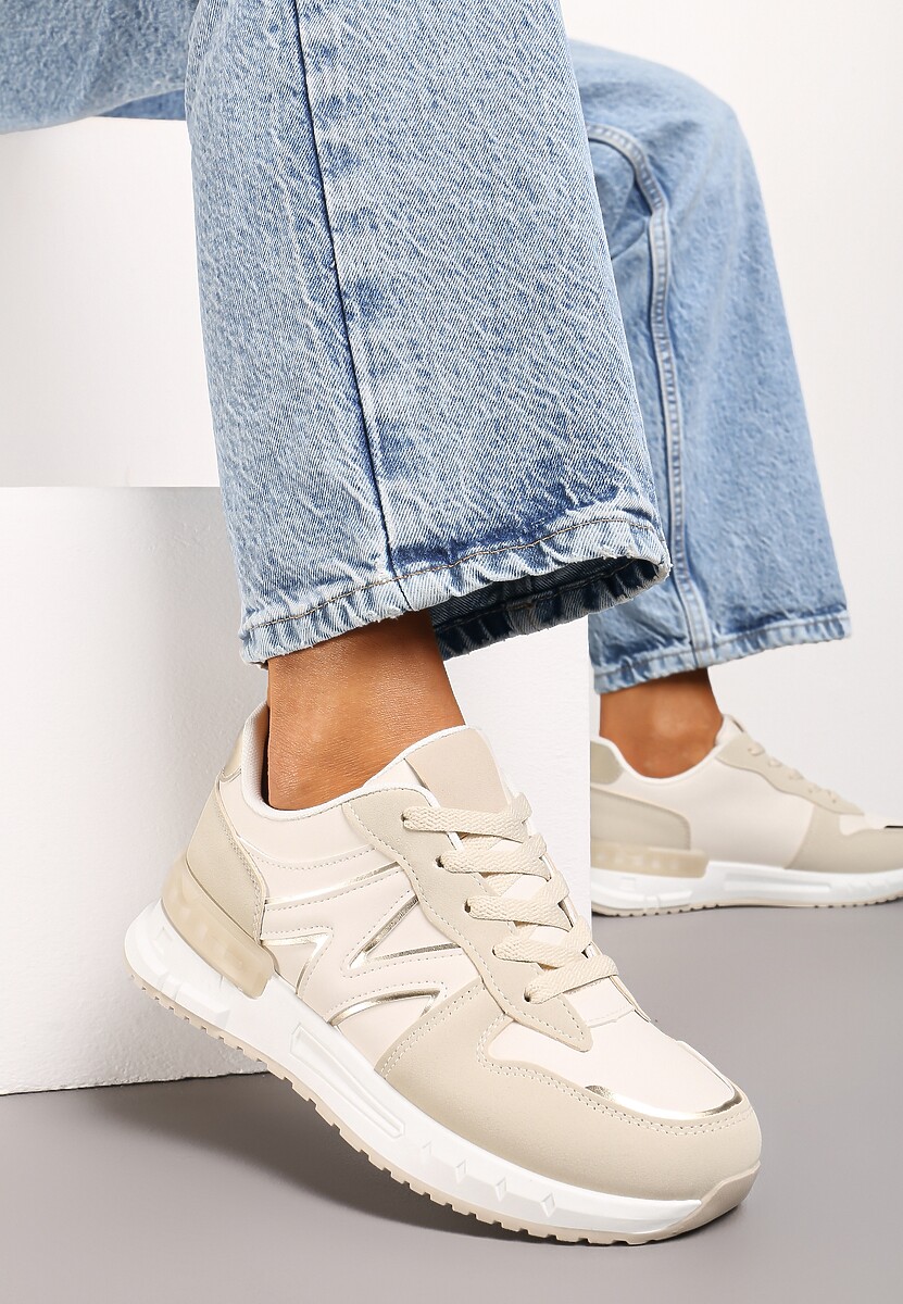 Beżowe Płaskie Sneakersy ze Sznurowaniem z Metalicznymi Wstawkami Remarie