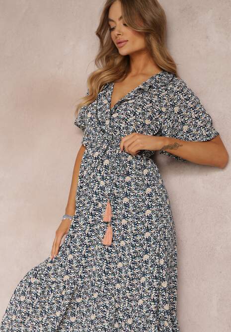 Granatowa Sukienka Midi z Falbankami Kopertowym Dekoltem i Gumką w Pasie Denila