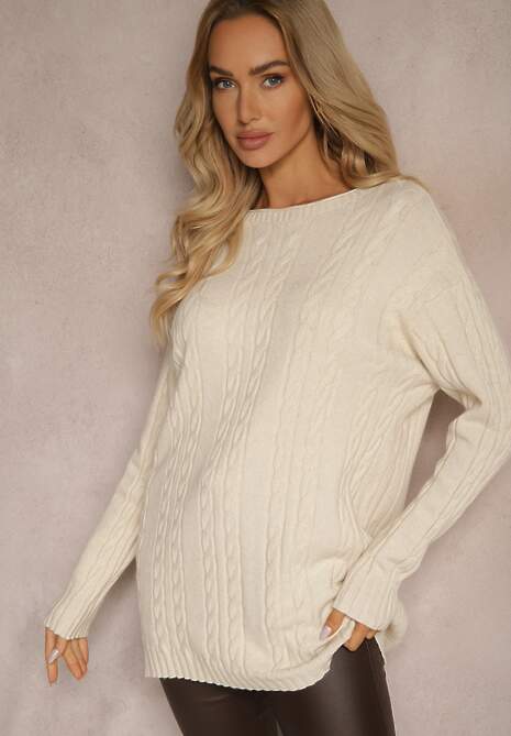 Jasnobeżowy Sweter z Bawełną Wiskozą i Ozdobnym Splotem Viacelia