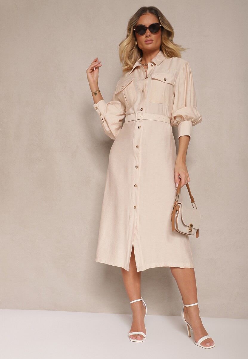 Beżowa Koszulowa Sukienka z Wiskozy z Paskiem z Klamrą i Kieszeniami Lisandrila
