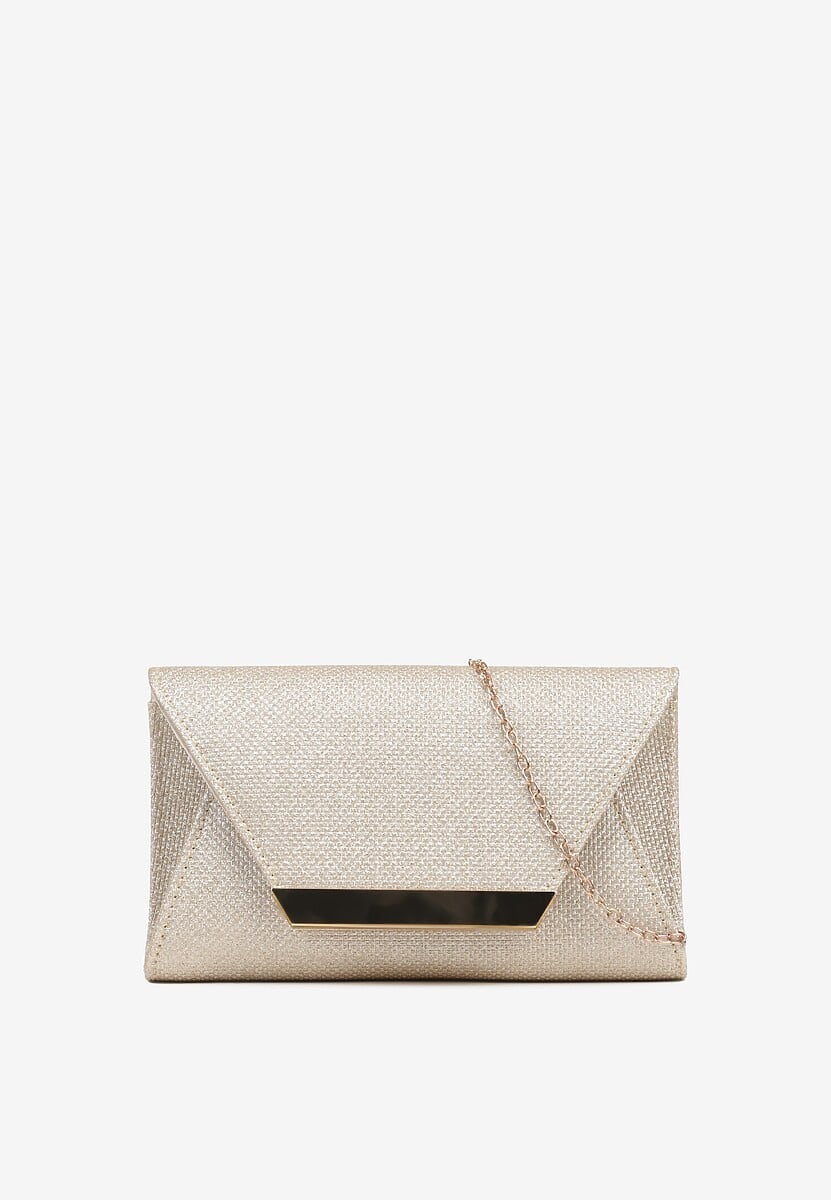 Złota Wieczorowa Torebka Kopertówka Zdobiona Aplikacją i Łańcuszkiem Miliorra