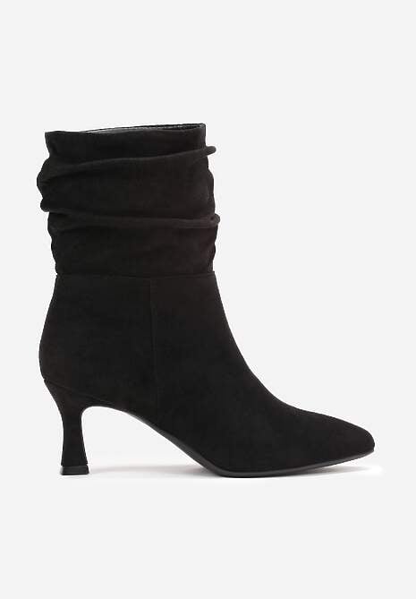 Czarne Botki z Imitacji Zamszu z Marszczoną Cholewką do Połowy Łydki na Niskim Obcasie Typu Kaczuszka Zakera