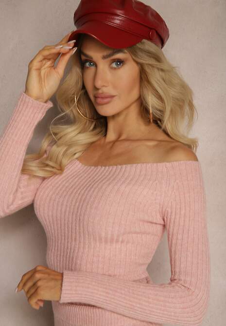 Jasnoróżowy Prążkowany Komplet Dzianinowy Spódnica o Dopasowanym Kroju i Bluzka Soravia