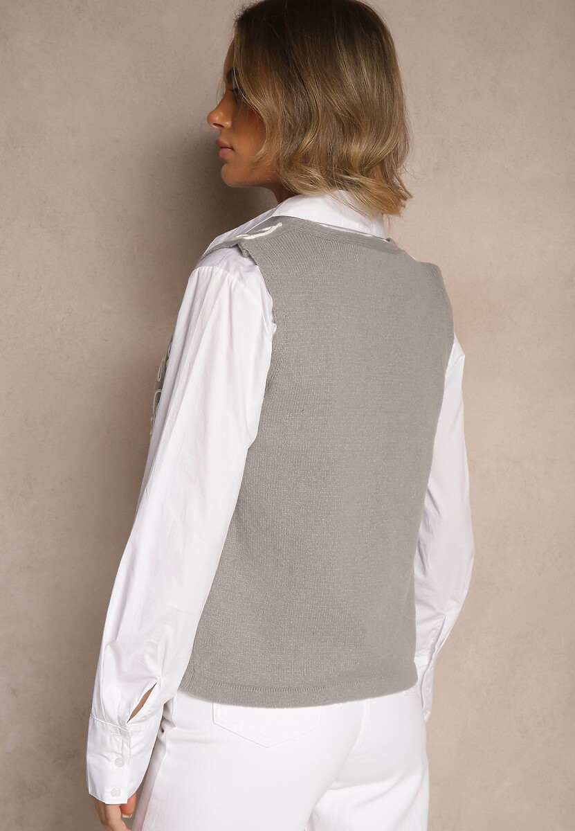 Szara Kamizelka Sweterkowa z Wiskozą i Wzorem Kwiatów Sanorina