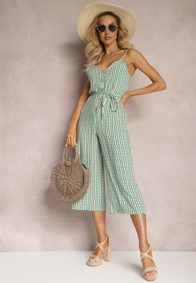 Jasnozielony Kombinezon o Długości 3/4 z Paskiem w Geometryczny Wzór Ventoria