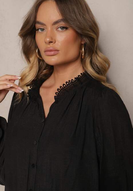 Czarna Luźna Koszula z Wiskozą Zdobiona Koronką Venoriah