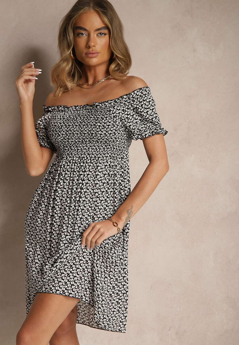 Czarna Sukienka Hiszpanka z Wiskozy z Kwiatowym Wzorem Mevandra