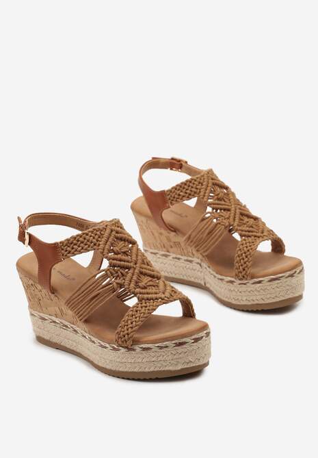 Brązowe Sandały z Korkiem i Plecionką na Koturnie i Splecionymi Paseczkami Larosa