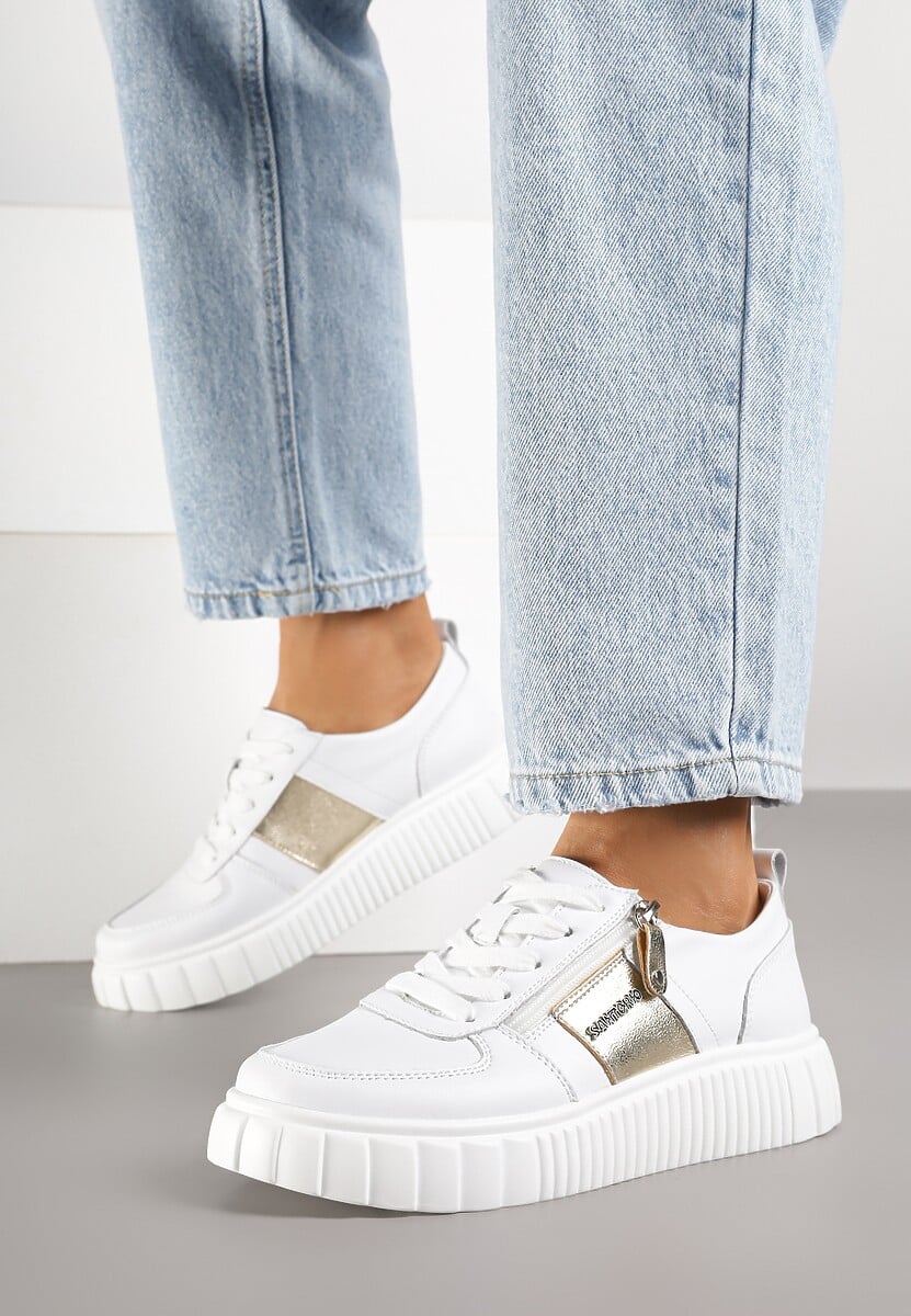 Białe Sneakersy ze Skóry Naturalnej z Metalicznym Zdobieniem Zorentee