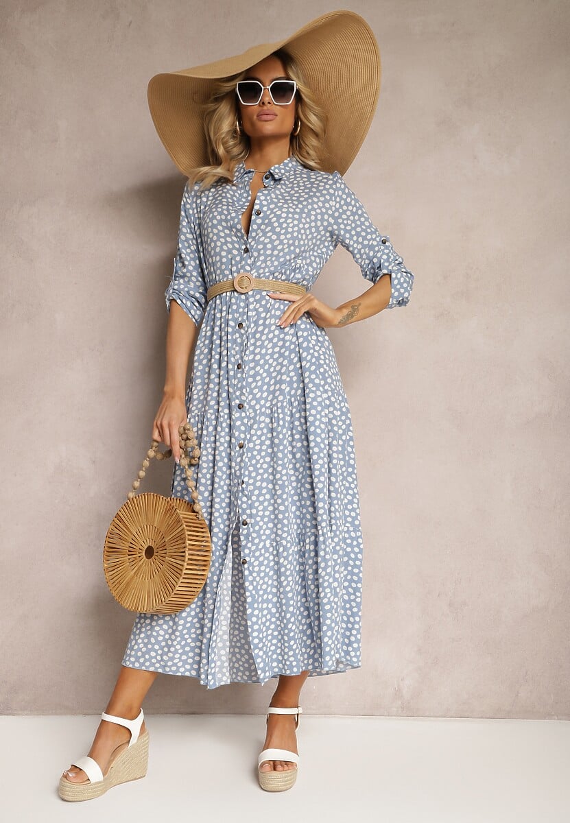 Jasnoniebieska Maxi Sukienka z Bawełny w Kropki o Koszulowym Kroju z Rozkloszowanym Dołem Feriti
