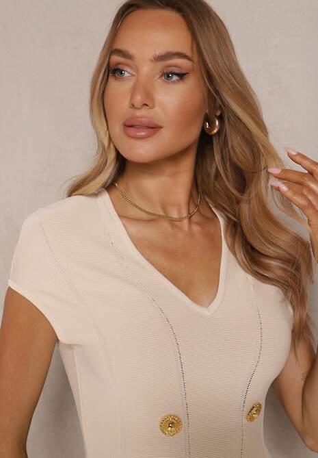 Beżowa Sukienka z Wiskozą o Rozkloszowanym Kroju z Ozdobnymi Guzikami Isonira