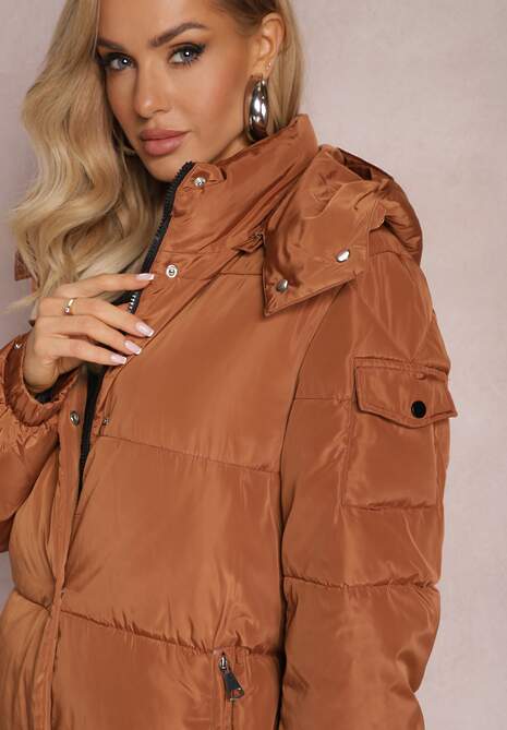 Brązowa Długa Kurtka Płaszcz z Pikowaniem i Odpinanym Kapturem Mystaris