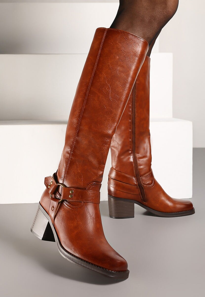 Brązowe Kozaki na Obcasie w Stylu Bikerów z Okrągłą Klamrą Eziella