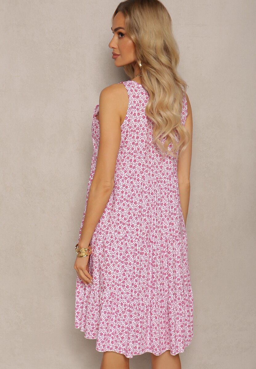 Różowa Kwiecista Sukienka z Bawełny na Szerokich Ramiączkach Rissaga