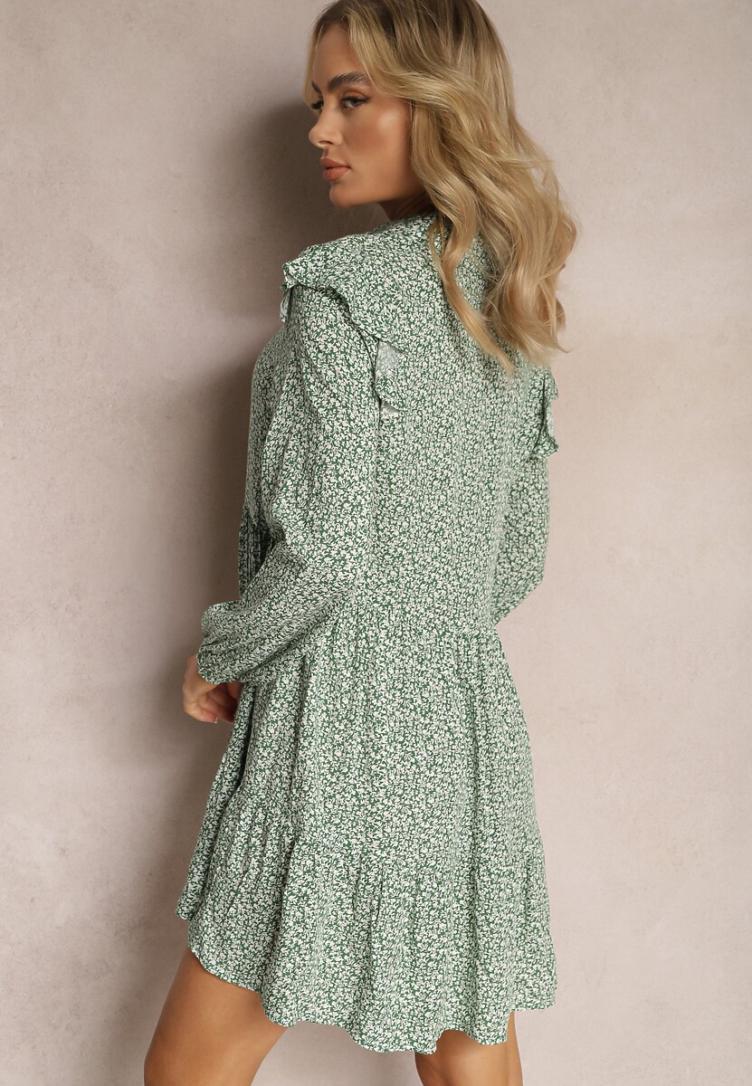 Zielona Mini Sukienka o Rozkloszowanym Kroju w Kwiaty z Falbankami Limrena