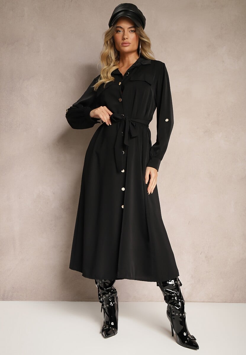 Beżowa Sukienka o Koszulowym Kroju z Rękawami z Możliwością Podpięcia i Wiązanym Paskiem Ivalorae