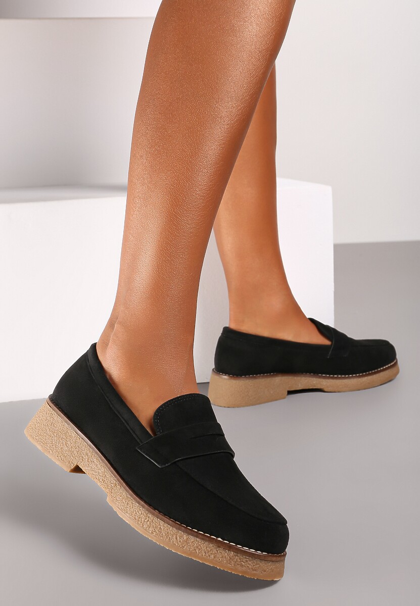 Czarne Mokasyny na Płaskiej Podeszwie z Przeszyciami i Paskiem Merinara