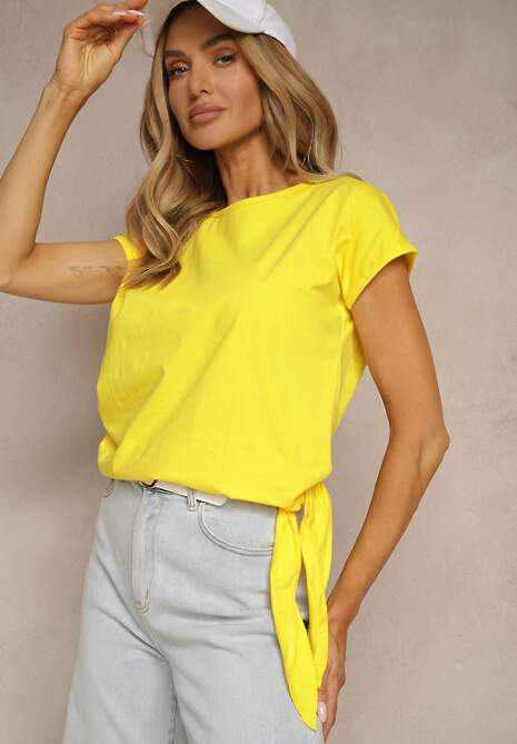 Żółty T-shirt z Bawełny z Ozdobnym Wiązaniem Termio