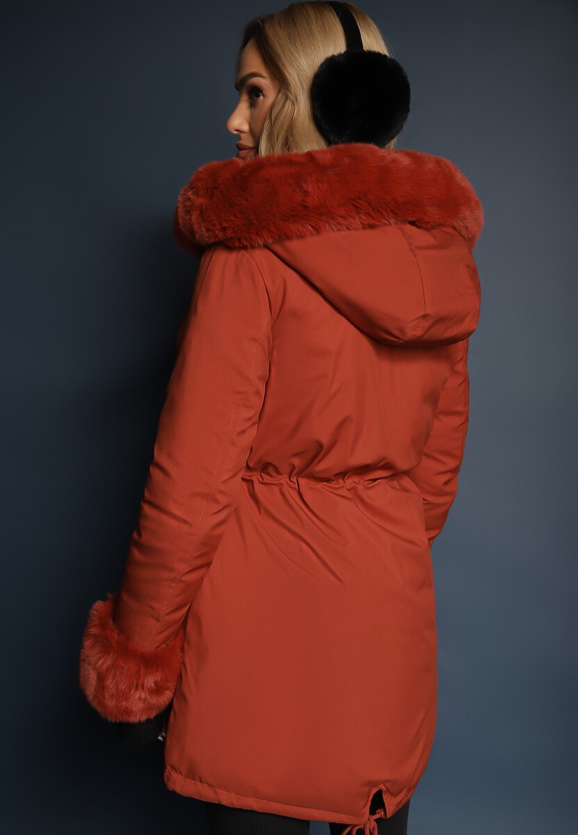 Pomarańczowa Dwustronna Kurtka o Fasonie Parki z Kapturem i Odpinanym Futerkiem Nevetalie