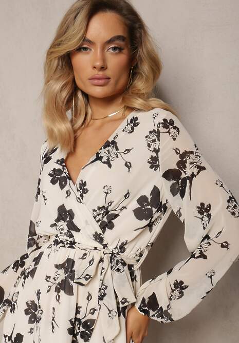 Biała Rozkloszowana Sukienka Mini w Kwiaty i Gumką w Pasie Elandri