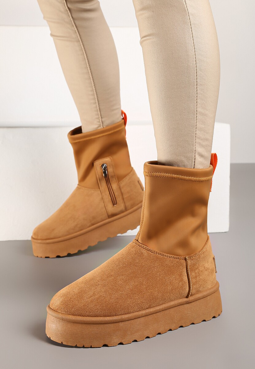 Brązowe Płaskie Ocieplane Śniegowce z Elastyczną Cholewką Sevidia