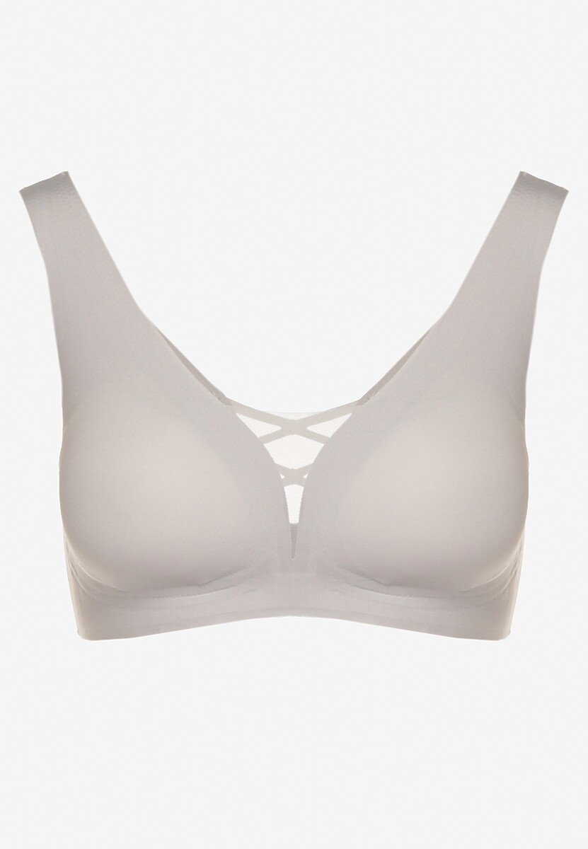 Szary Sportowy Biustonosz Zdobiony Siateczką i Gorsetową Aplikacją Salinalla