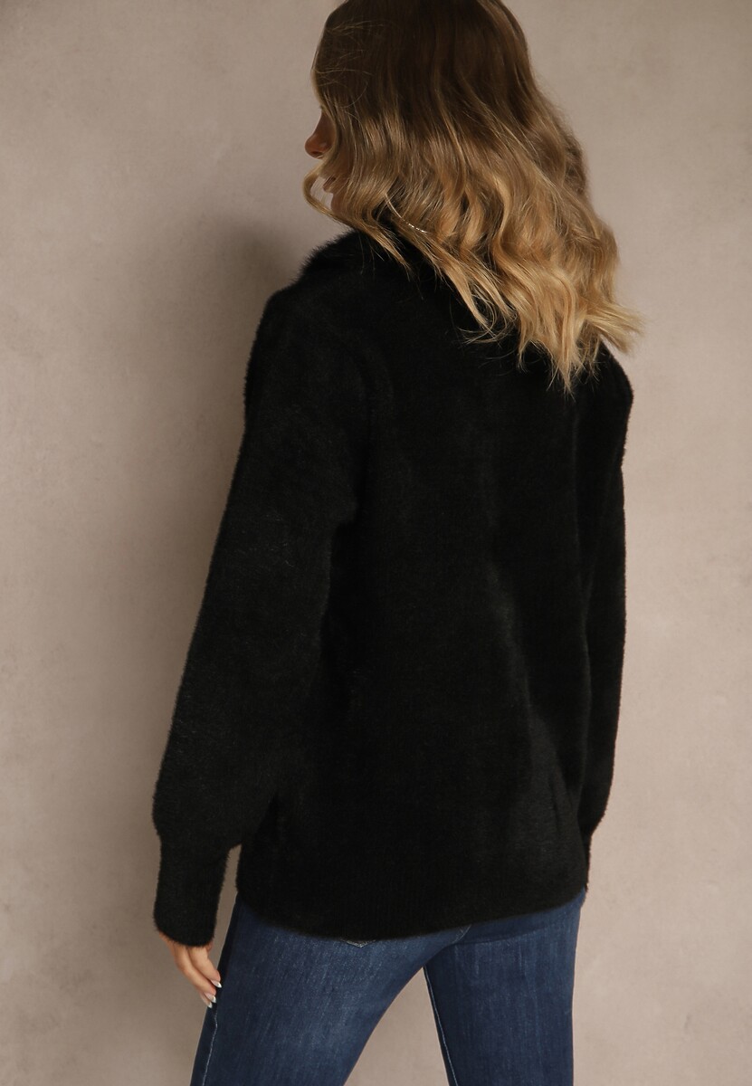 Czarny Zasuwany Kardigan z Wełną z Futerkowym Kołnierzem Asiste