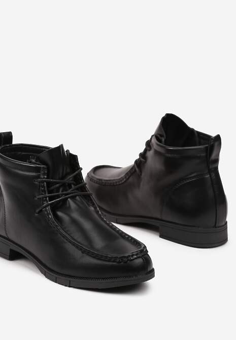 Czarne Botki na Płaskiej Podeszwie ze Sznurowaniem Ozdobione Przeszyciami Itterisa