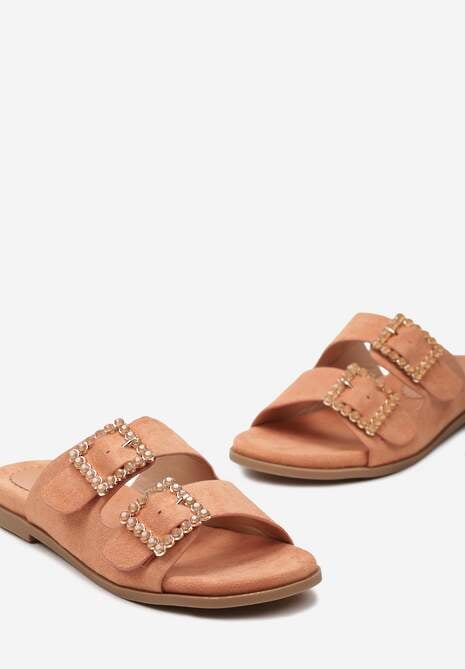 Pomarańczowe Klapki z Dwiema Klamrami na Ekozamszowych Paskach Vapire