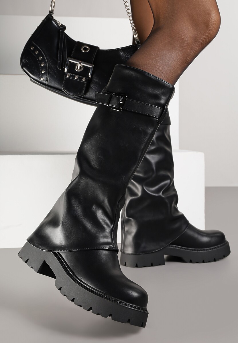 Czarne Kozaki VICES z Marszczoną Cholewką Imitującą Nogawkę ze Sprzączką Valles