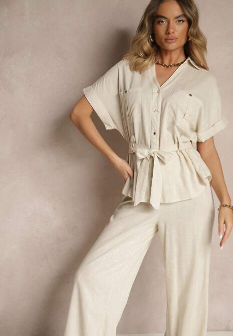 Beżowy Komplet z Bawełną Spodnie i Koszula z Paskiem Rinaretea